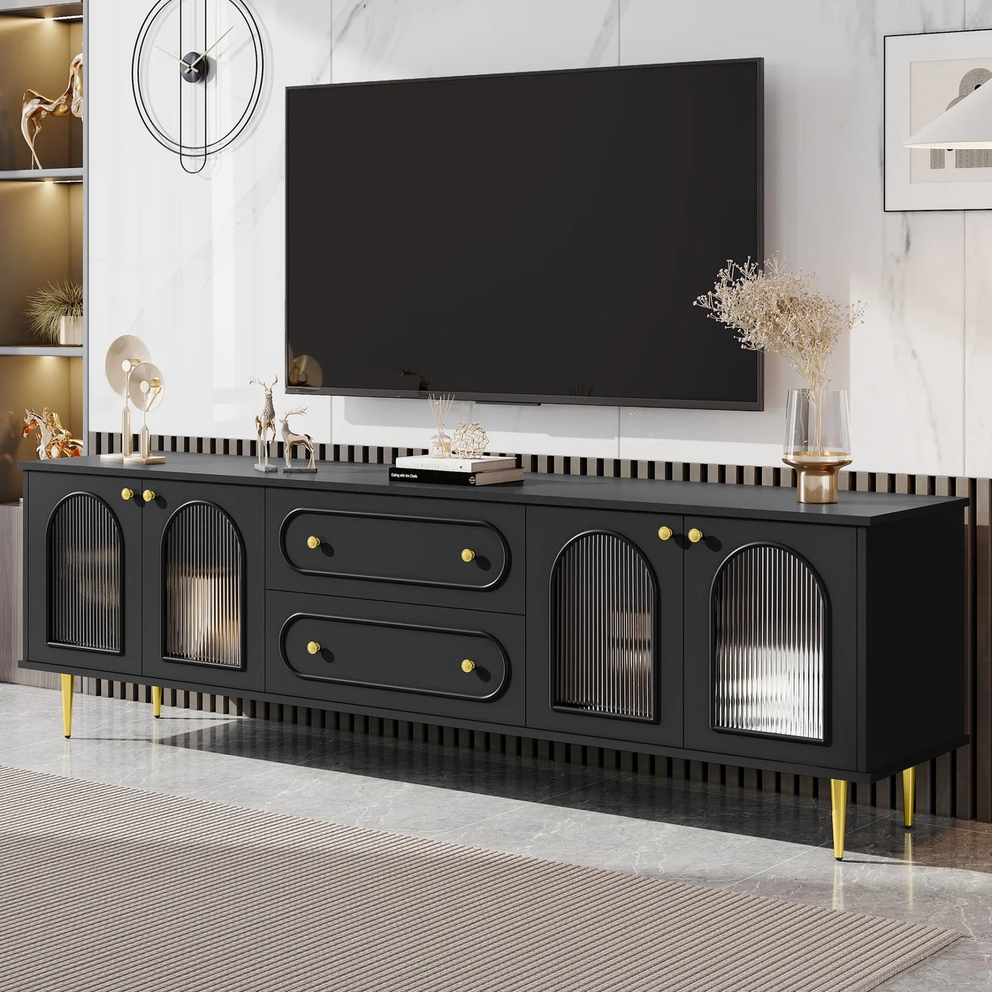 TV Stand for 80 inch TV, Entertainment Center with 2 Drawers and 2 Cabinets, Low Profile TV Consoles with Fluted Glass Doors and 5 Metal Legs for Living Room, Black