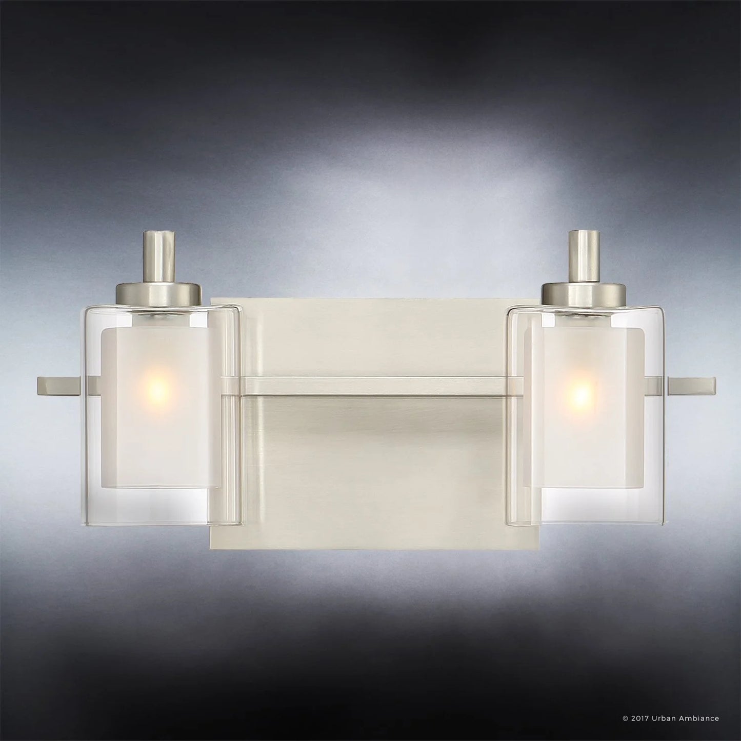 Urban Ambiance Luxury Modern Bathroom Vanity Light, Medium Size: 6"H x 13"W, with Posh Style Elements, Brushed Nickel Finish and Sand Blasted Inner Glass, Clear Outer Glass, UQL2400