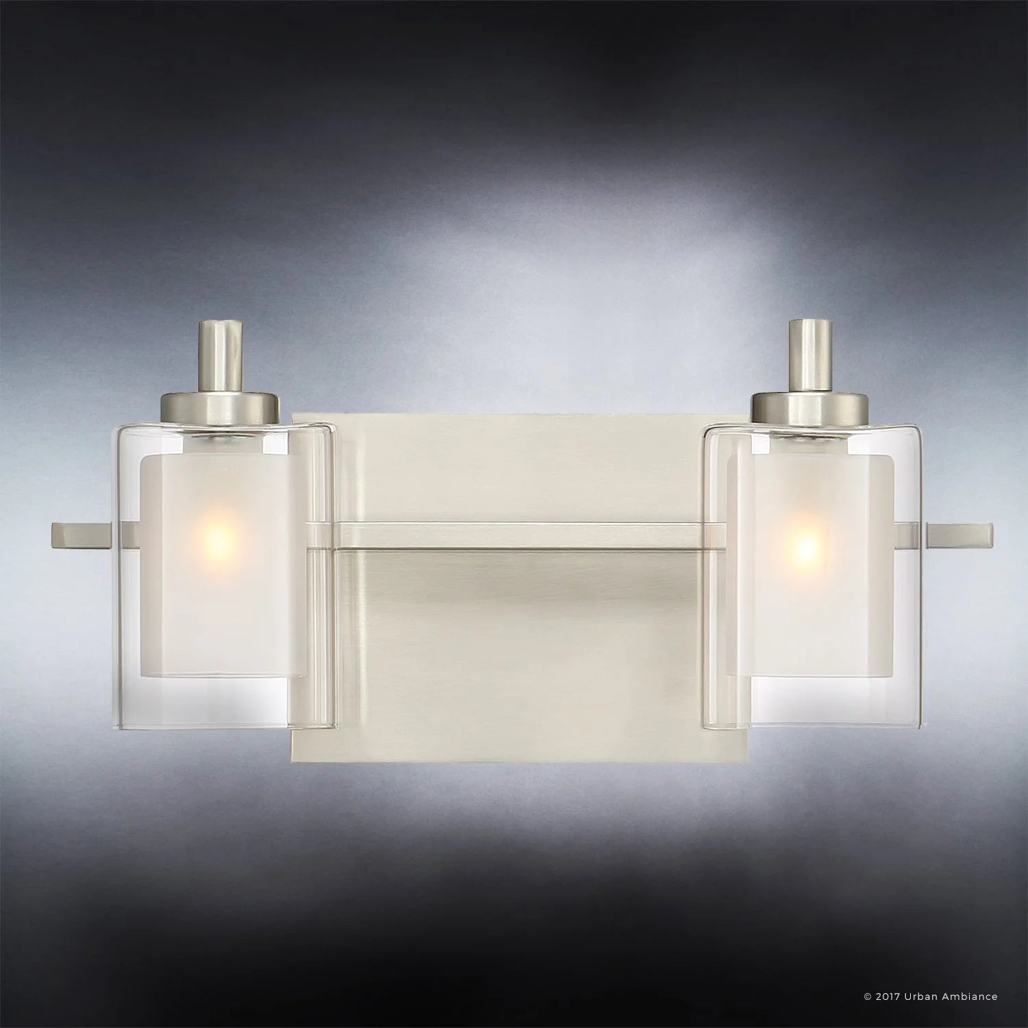 Urban Ambiance Luxury Modern Bathroom Vanity Light, Medium Size: 6"H x 13"W, with Posh Style Elements, Brushed Nickel Finish and Sand Blasted Inner Glass, Clear Outer Glass, UQL2400