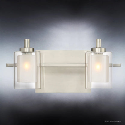 Urban Ambiance Luxury Modern Bathroom Vanity Light, Medium Size: 6"H x 13"W, with Posh Style Elements, Brushed Nickel Finish and Sand Blasted Inner Glass, Clear Outer Glass, UQL2400