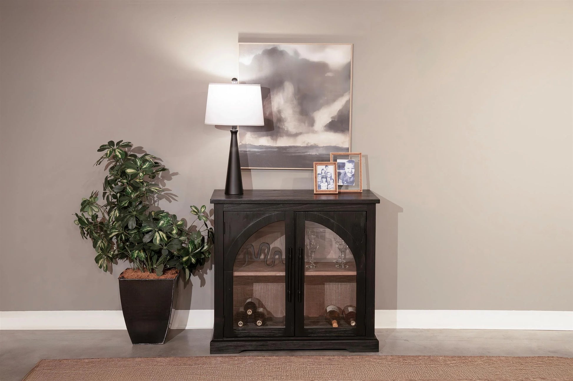 Sunny Designs Elena Small Black Wood Cabinet with Arched Glass Doors