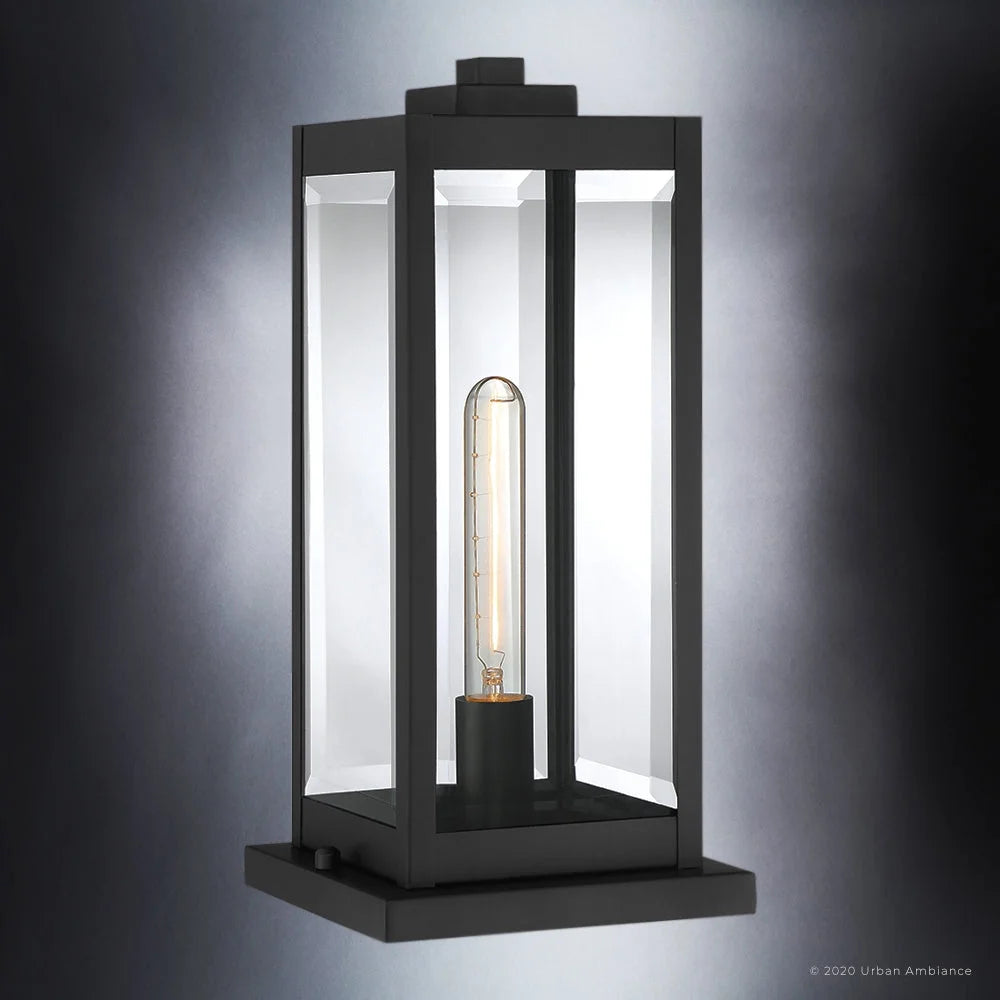 Luxury Modern Farmhouse Outdoor Post Light, 16.00''H x 7.50''W, with Industrial Style Elements, Minimalist Design, Natural Black Finish and Clear Beveled Glass, UQL1336