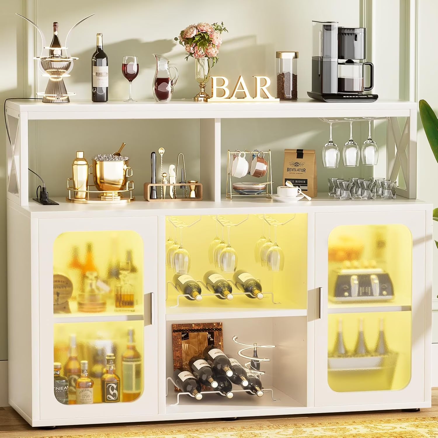 Kselythan Bar Cabinet for Home, Wine Cabinet with Power Outlets, Led Lights and and Glass Holder, Liquor Cabinet with Storage, Racks for Home, Kitchen