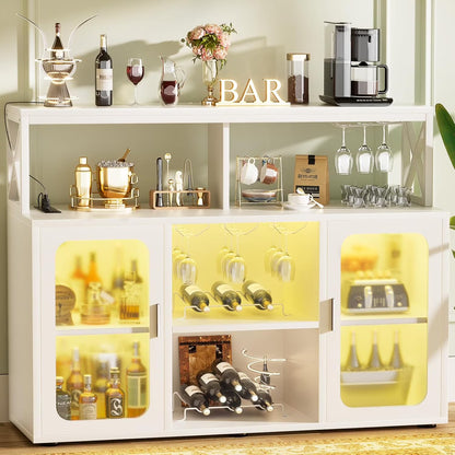 Kselythan Bar Cabinet for Home, Wine Cabinet with Power Outlets, Led Lights and and Glass Holder, Liquor Cabinet with Storage, Racks for Home, Kitchen
