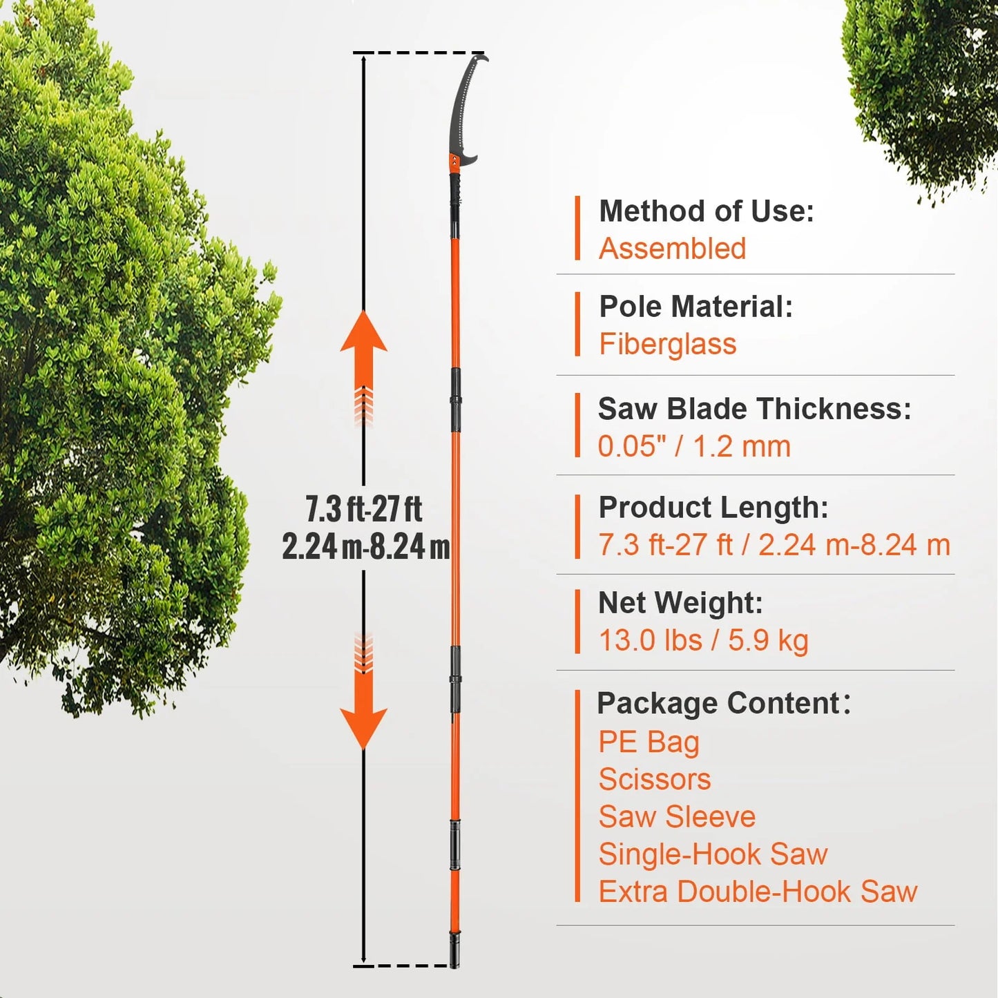 BENTISM Manual Pole Saw Extendable Tree Pruner 7.3-27 ft Fiberglass Pole Scissors