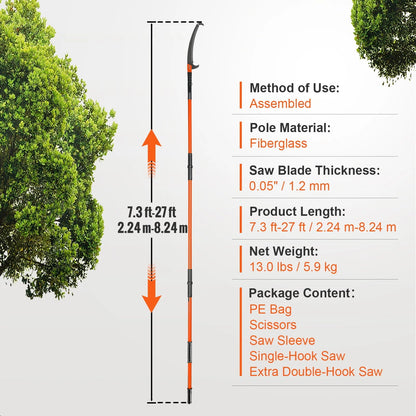 BENTISM Manual Pole Saw Extendable Tree Pruner 7.3-27 ft Fiberglass Pole Scissors