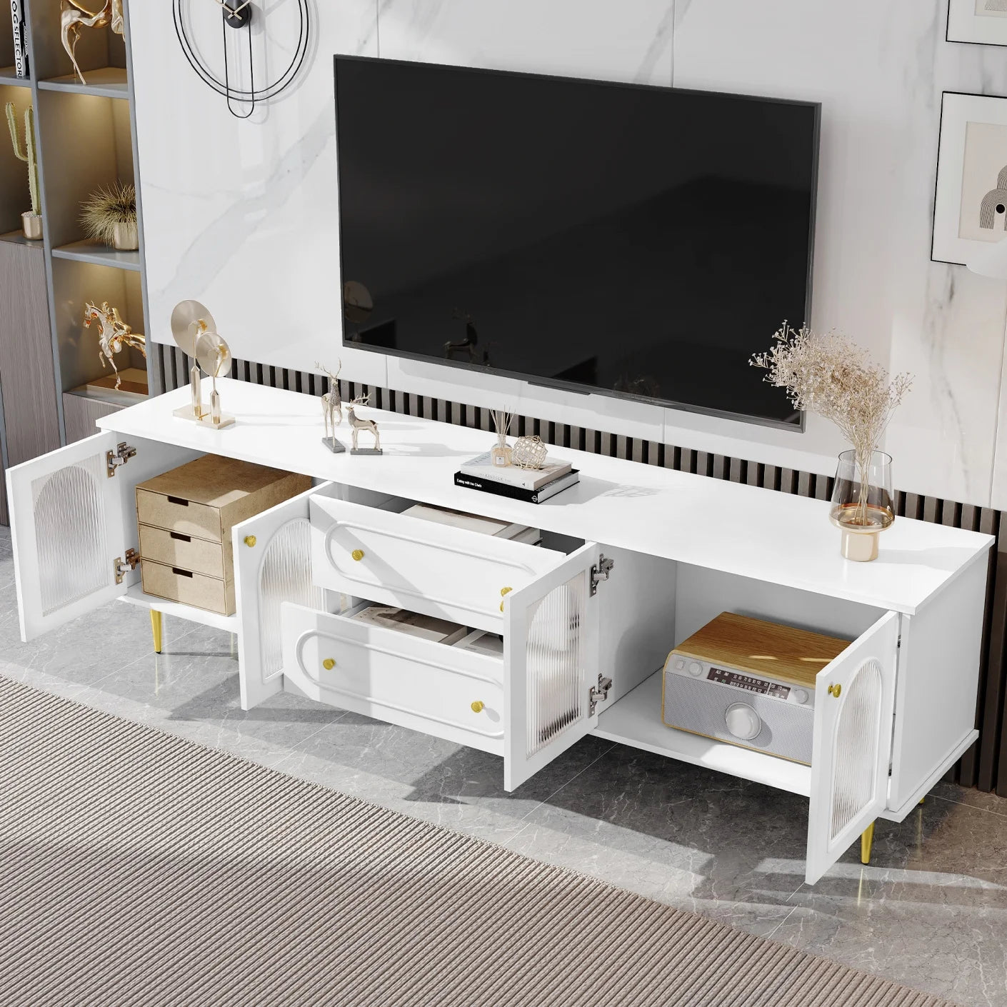 TV Stand for 80 inch TV, Entertainment Center with 2 Drawers and 2 Cabinets, Low Profile TV Consoles with Fluted Glass Doors and 5 Metal Legs for Living Room, Black