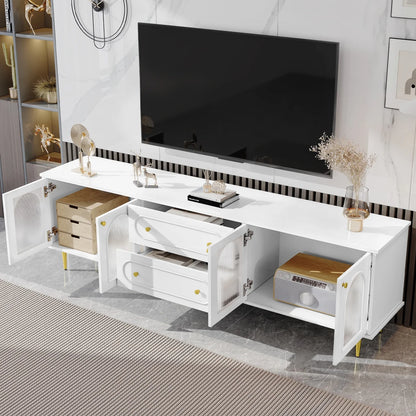 TV Stand for 80 inch TV, Entertainment Center with 2 Drawers and 2 Cabinets, Low Profile TV Consoles with Fluted Glass Doors and 5 Metal Legs for Living Room, Black