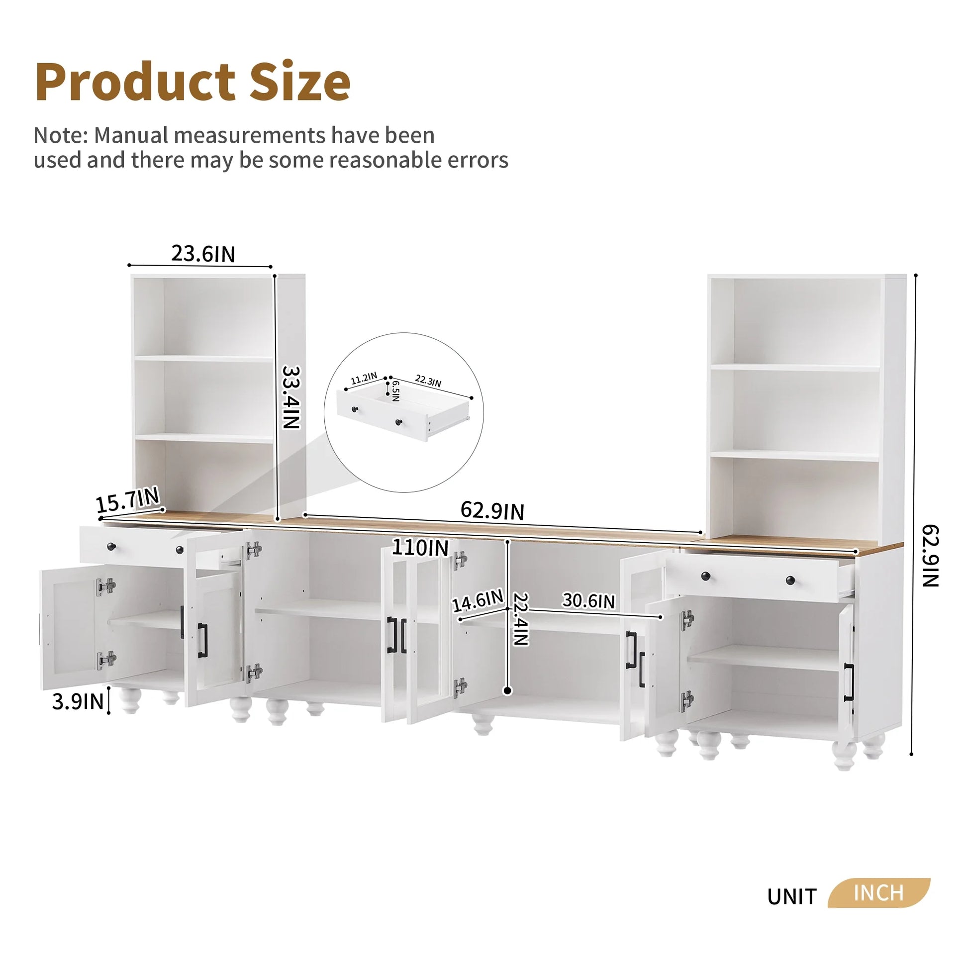 Furvclv Entertainment Center With Bookshelves For TVs Up To 70", Modern Wall Unit TV Stand Cabinets With Adjustable Shelves And Tempered Glass Door, Gourd-shaped Legs Supports
