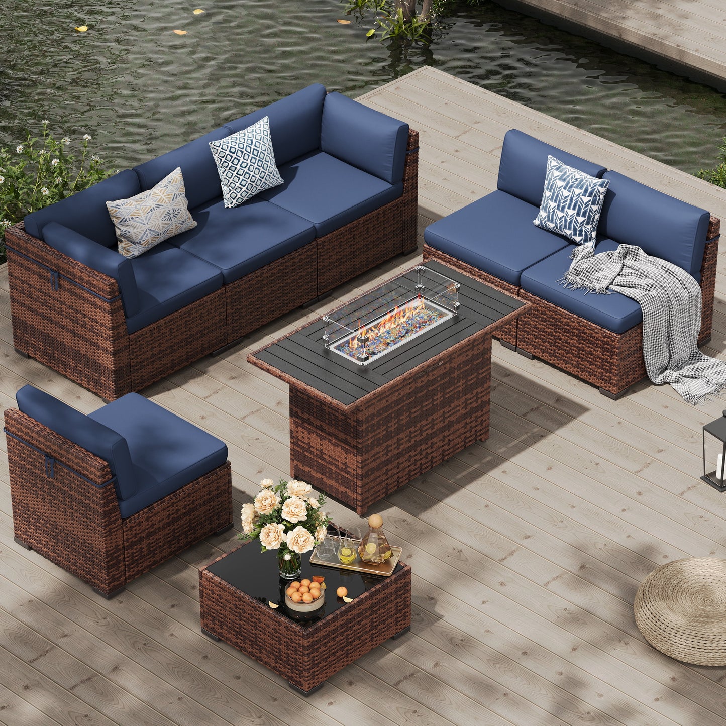 MRUAKA 8 Pieces Patio Furniture Set with Fire Pit Table, Outdoor Furniture Sectional Rattan Sofa with Slanted Back, Patio Couch with Glass Coffee Table for Backyard Garden (Navy)