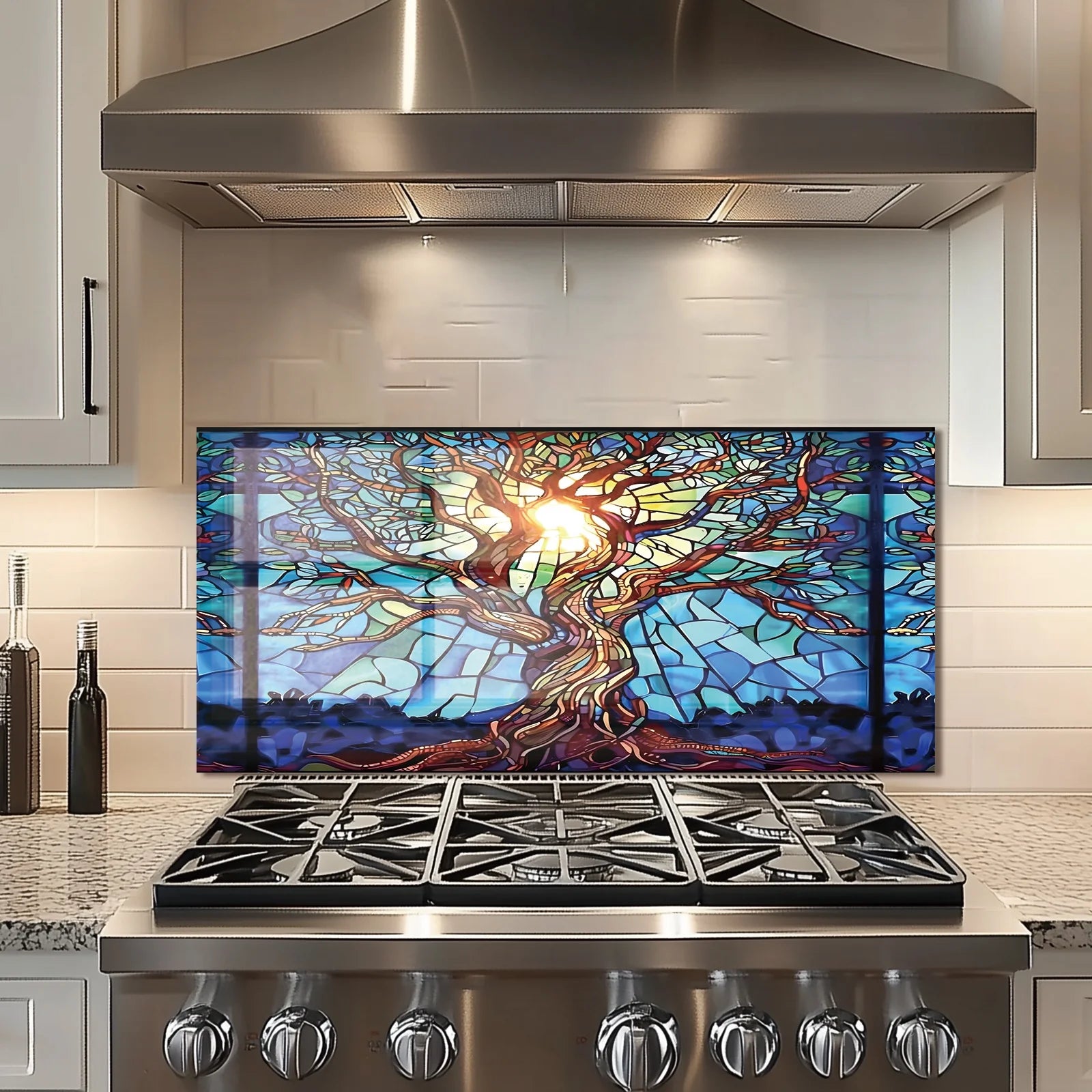 Mosaic Tree of Life Tempered Glass Backsplash For Kitchen Behind Stove,Stove Back Top Cover,Easy to Clean Glass Splashback, Sink Cover Splash Guard,Home Kitchen Wall Decor