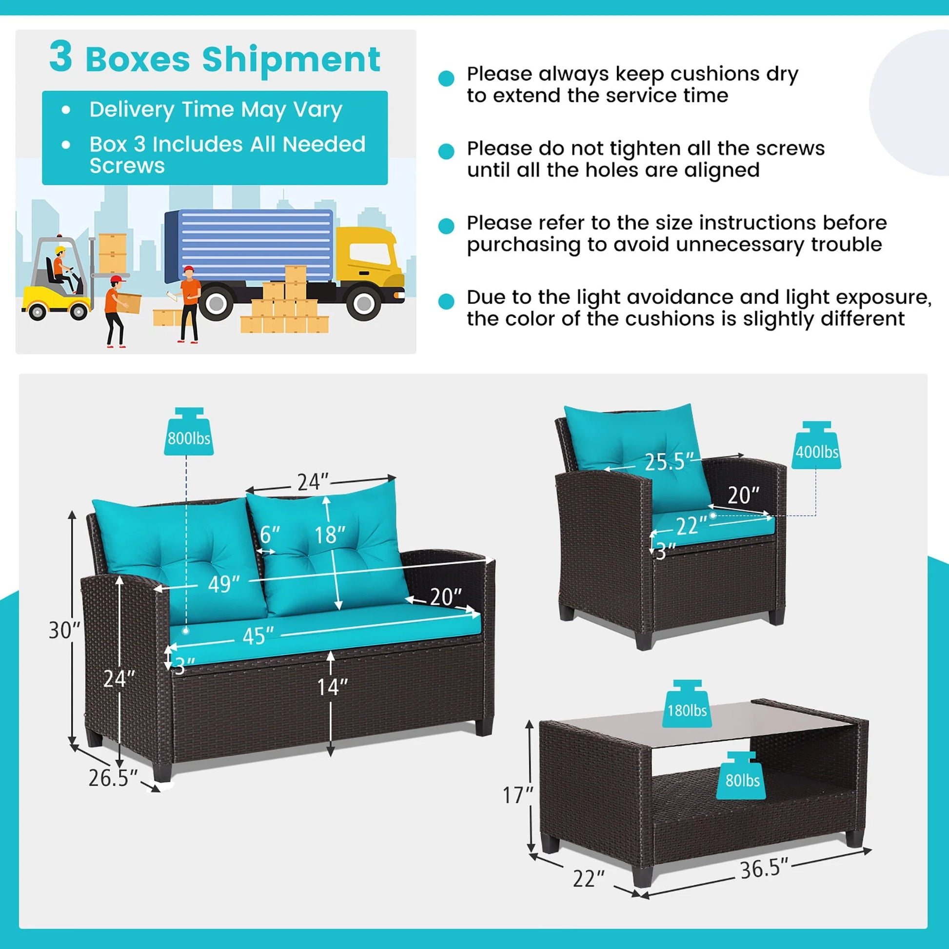 Gymax 4PCS Outdoor Conversation Set Patio PE Rattan Set w/Glass Table & Sofa Cushions Turquoise
