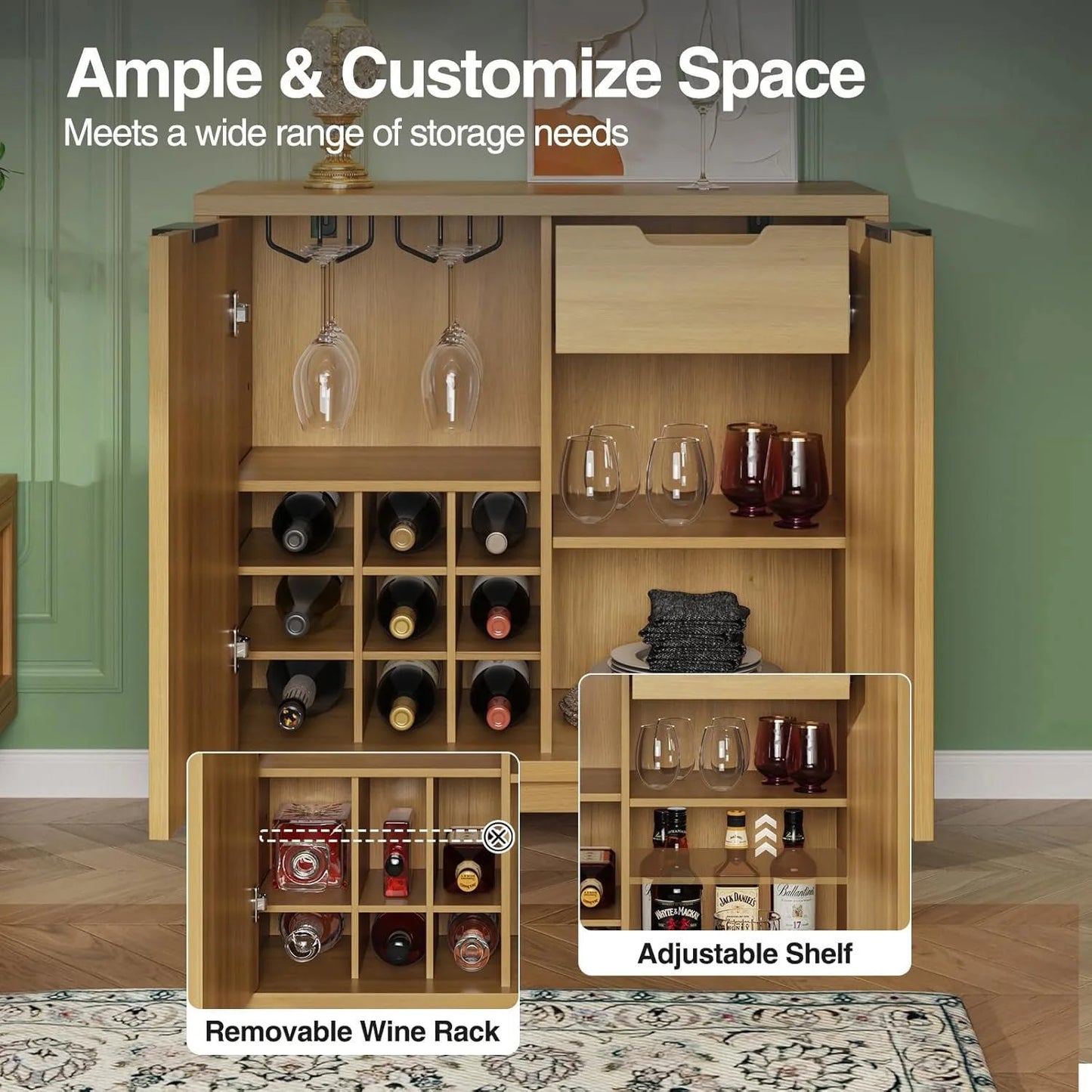 VEANERWOOD Wine Bar Cabinet with 2 Door Fluted Texture, Kitchen Sideboard Buffet with Wine Rack& Glass Holder for Living Room