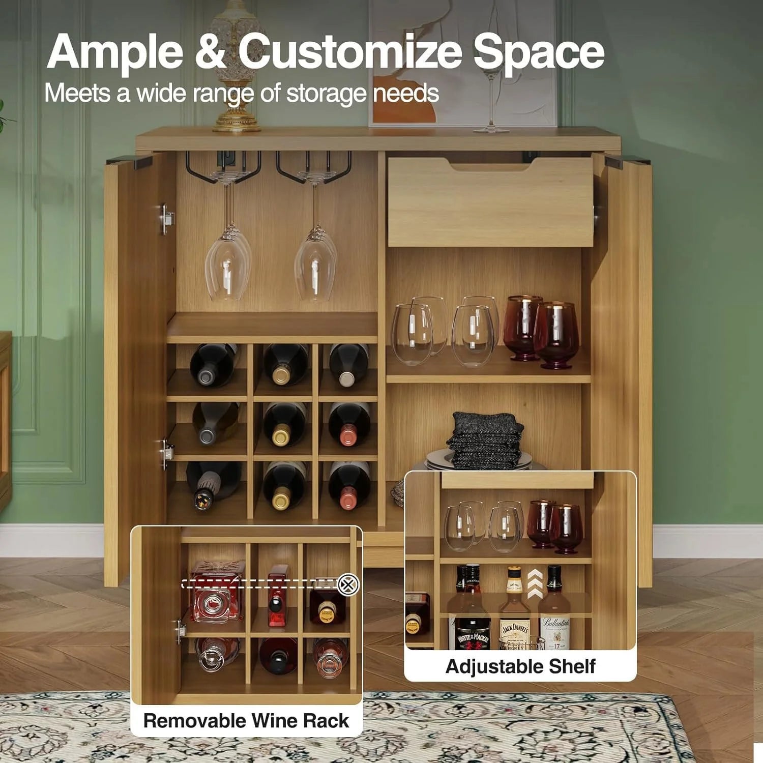 VEANERWOOD Wine Bar Cabinet with 2 Door Fluted Texture, Kitchen Sideboard Buffet with Wine Rack& Glass Holder for Living Room
