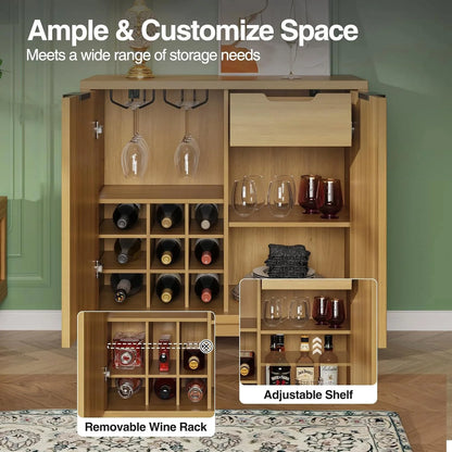 VEANERWOOD Wine Bar Cabinet with 2 Door Fluted Texture, Kitchen Sideboard Buffet with Wine Rack& Glass Holder for Living Room