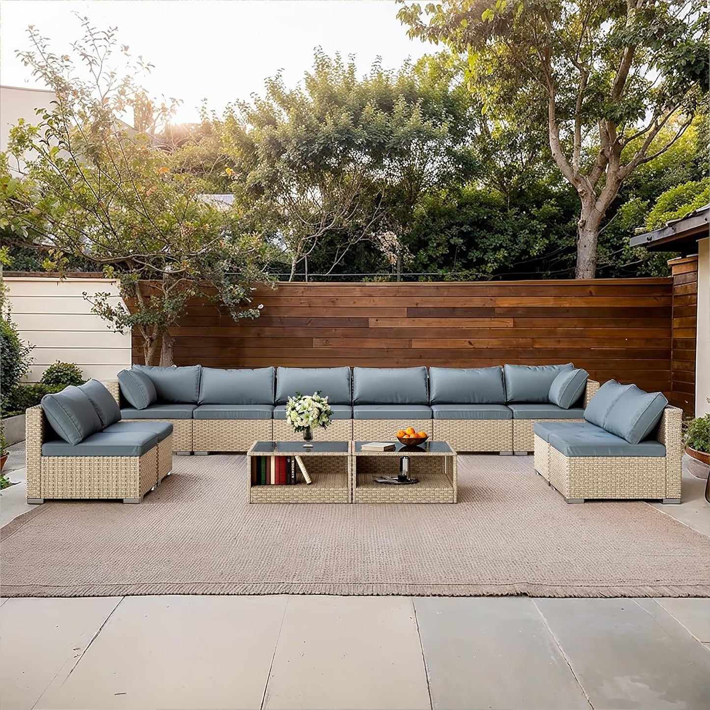 12-Piece Outdoor Wicker Patio Sectional Sofa Set with Cushions and Glass Coffee Table, Modular Design