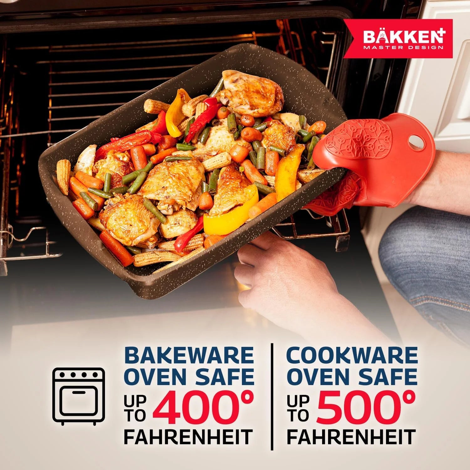 Bakken Master 38 Piece Granite Cookware and Bakeware Set - Nonstick Granite Coating, Pots and Pans with Detachable Handles and Tempered Glass Lids, 6-piece Bakeware set, 12-piece Mixing Bowls,Brown