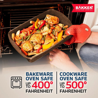 Bakken Master 38 Piece Granite Cookware and Bakeware Set - Nonstick Granite Coating, Pots and Pans with Detachable Handles and Tempered Glass Lids, 6-piece Bakeware set, 12-piece Mixing Bowls,Brown