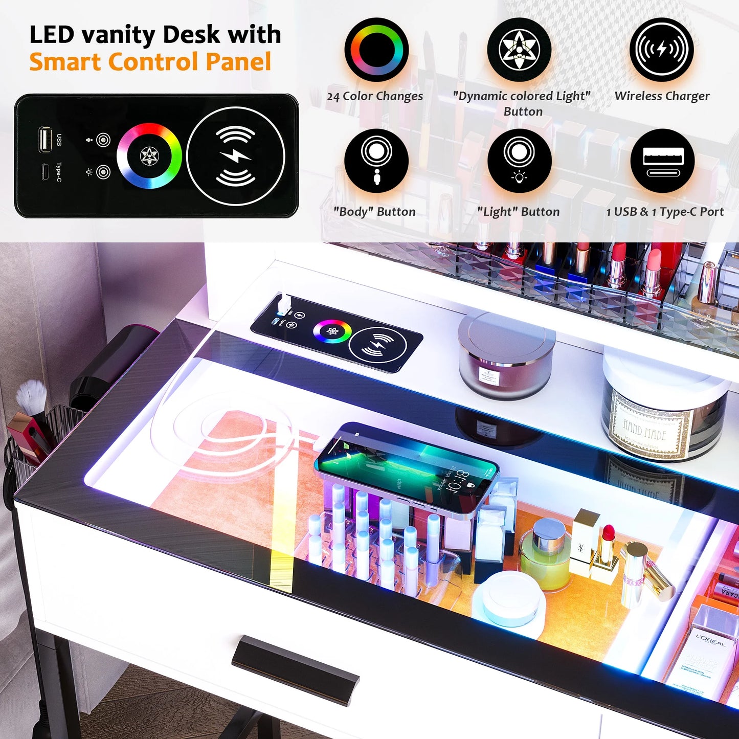 HNEBC Vanity Desk with Mirror and RGB Lights, Glass Top Makeup Vanity with Auto Sensor Lights and Wireless Charging, Vanity Table Set with Cushion Stool, Dressing Table with 6 Drawers (White)