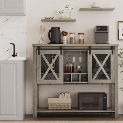 WhizMax Buffet Storage Cabinet, Wine Cabinet Coffee Bar Table with Wine Glass Rack, Farmhouse Wood Buffets and Sideboards with Storage and Barn Mesh Door for Kitchen, Dinning, Living Room