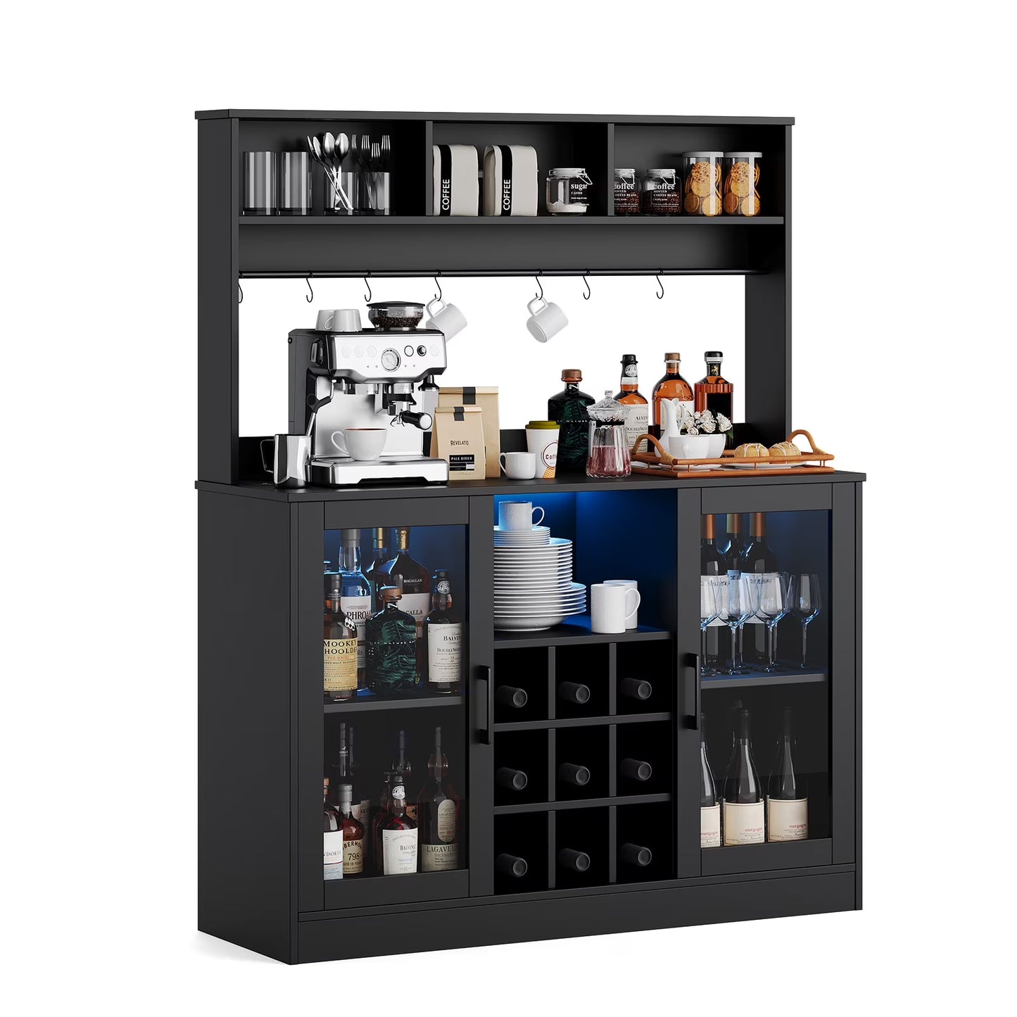 Bar Cabinet with LED Lights, Home Coffee Cabinet with Wine and Glass Rack, Buffet Sideboard with Storage Shelf for Kitchen, Modern Liquor Cabinet for Home, Black