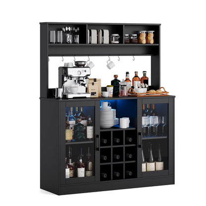 Bar Cabinet with LED Lights, Home Coffee Cabinet with Wine and Glass Rack, Buffet Sideboard with Storage Shelf for Kitchen, Modern Liquor Cabinet for Home, Black