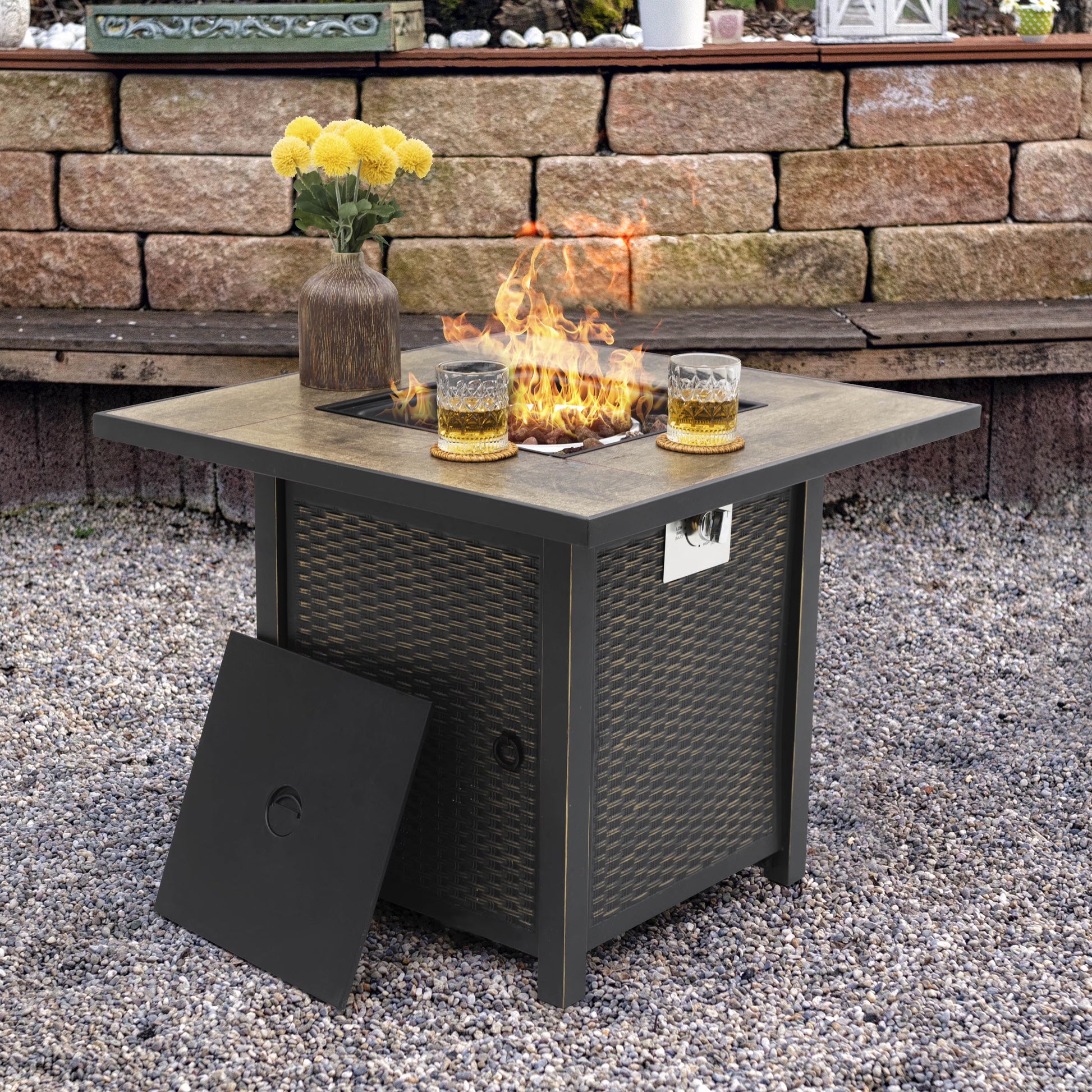 Nuu Garden Square 30" Outdoor Propane Fire Pit Table, 50,000 BTU Gas Fire Pit with Lid, Hand-Woven Wicker, with Glass Beads and CSA Certification