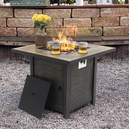 Nuu Garden Square 30" Outdoor Propane Fire Pit Table, 50,000 BTU Gas Fire Pit with Lid, Hand-Woven Wicker, with Glass Beads and CSA Certification
