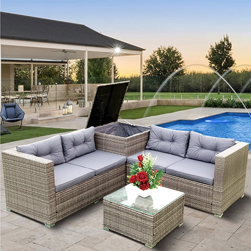 Rattan Patio Sofa Set, 4 Pieces Outdoor Sectional Furniture, All-Weather PE Rattan Wicker Patio Conversation, Cushioned Sofa Set with Glass Table & Storage Box for Patio Garden Poolside Deck