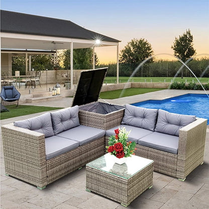 Rattan Patio Sofa Set, 4 Pieces Outdoor Sectional Furniture, All-Weather PE Rattan Wicker Patio Conversation, Cushioned Sofa Set with Glass Table & Storage Box for Patio Garden Poolside Deck