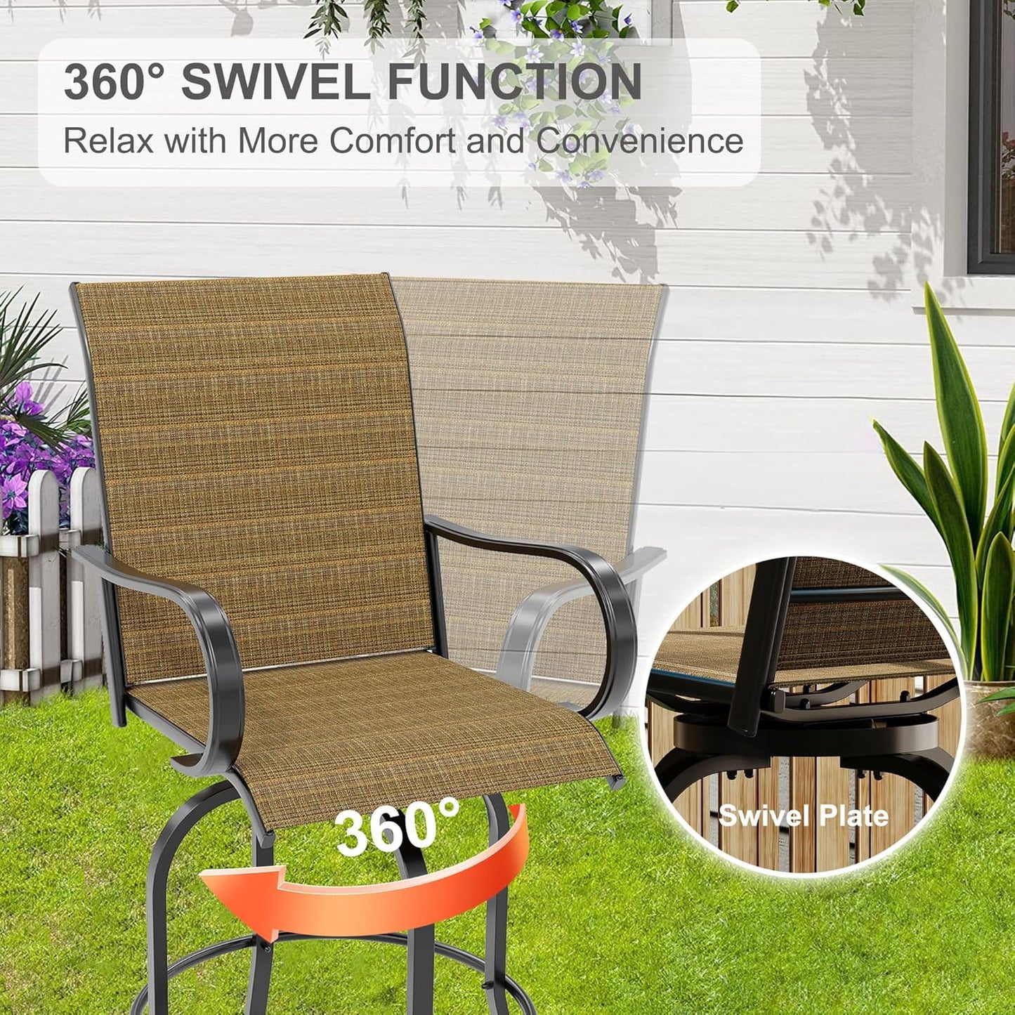 Homhougo 3 Piece Patio Swivel Bar Sets, 3PCS Outdoor High Top Bar Set with 2 Outdoor Swivel Chairs and Glass Bar Table, Patio High Top Bar Table and Stools Chairs Set All Weather Textile Fabric