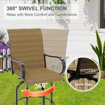 Homhougo 3 Piece Patio Swivel Bar Sets, 3PCS Outdoor High Top Bar Set with 2 Outdoor Swivel Chairs and Glass Bar Table, Patio High Top Bar Table and Stools Chairs Set All Weather Textile Fabric