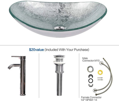 ELECWISH Bathroom Sink and Faucet Combo Artistic Tempered Glass Vessel Sink Basin Washing Bowl Set, Cabinet Countertop Sink with Chorme Faucet Pop-up Drain (Oval Silver)