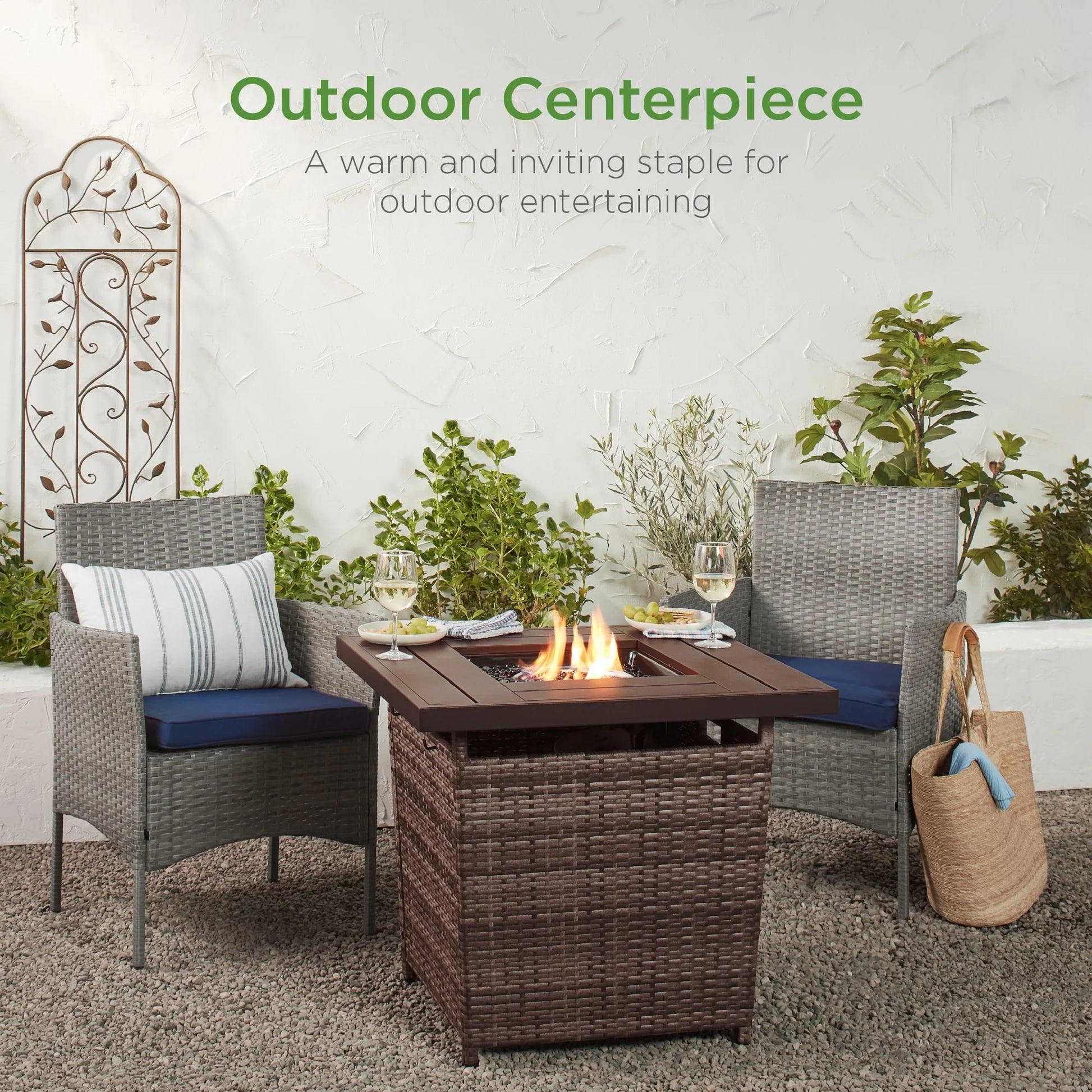 Best Choice Products 28in Propane Gas Fire Pit Table 50,000 BTU Outdoor Wicker w/Glass Beads, Tank Holder Brown