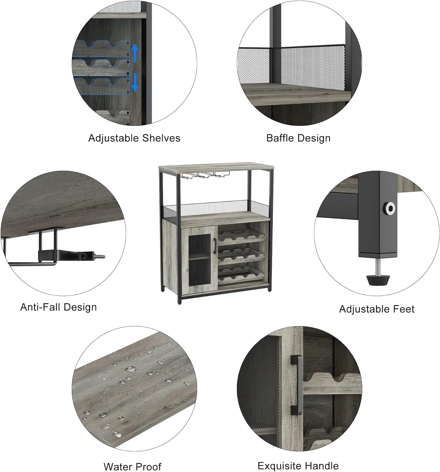 Homhougo Wine Bar Cabinet with Removable Wine Racks and 1 Drawer,Bar Cabinet with Glass Holder and Mesh Door for Liquor and Glasses (Grey)