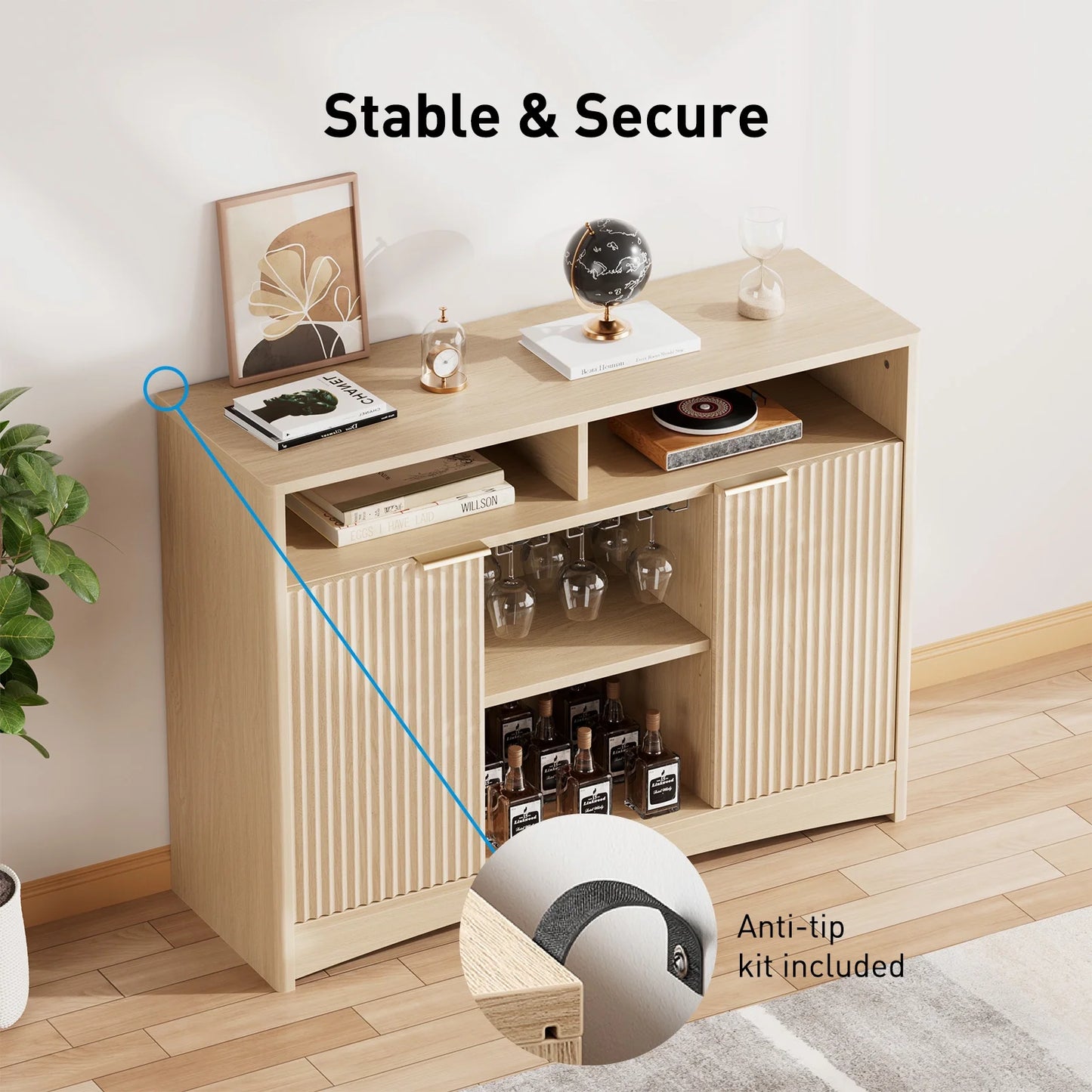 CHITOOMA Fluted Coffee Bar Cabinet with Wine Glass Rack, Modern Buffet Sideboard with Adjustable Storage Shelves and Doors, Liquor Bar Table for Dining Room or Living Room, Natural