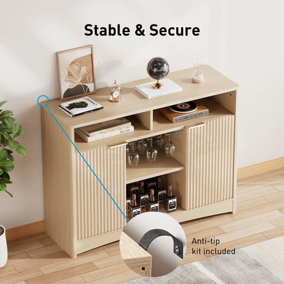 CHITOOMA Fluted Coffee Bar Cabinet with Wine Glass Rack, Modern Buffet Sideboard with Adjustable Storage Shelves and Doors, Liquor Bar Table for Dining Room or Living Room, Natural