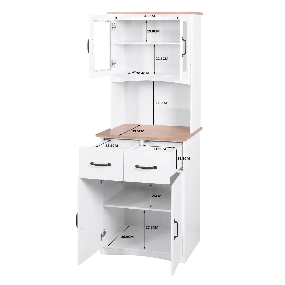 GZXS 67" Modern Buffet with Hutch, Kitchen Pantry Microwave Cabinet with Framed Glass Doors and 2 Drawers, White