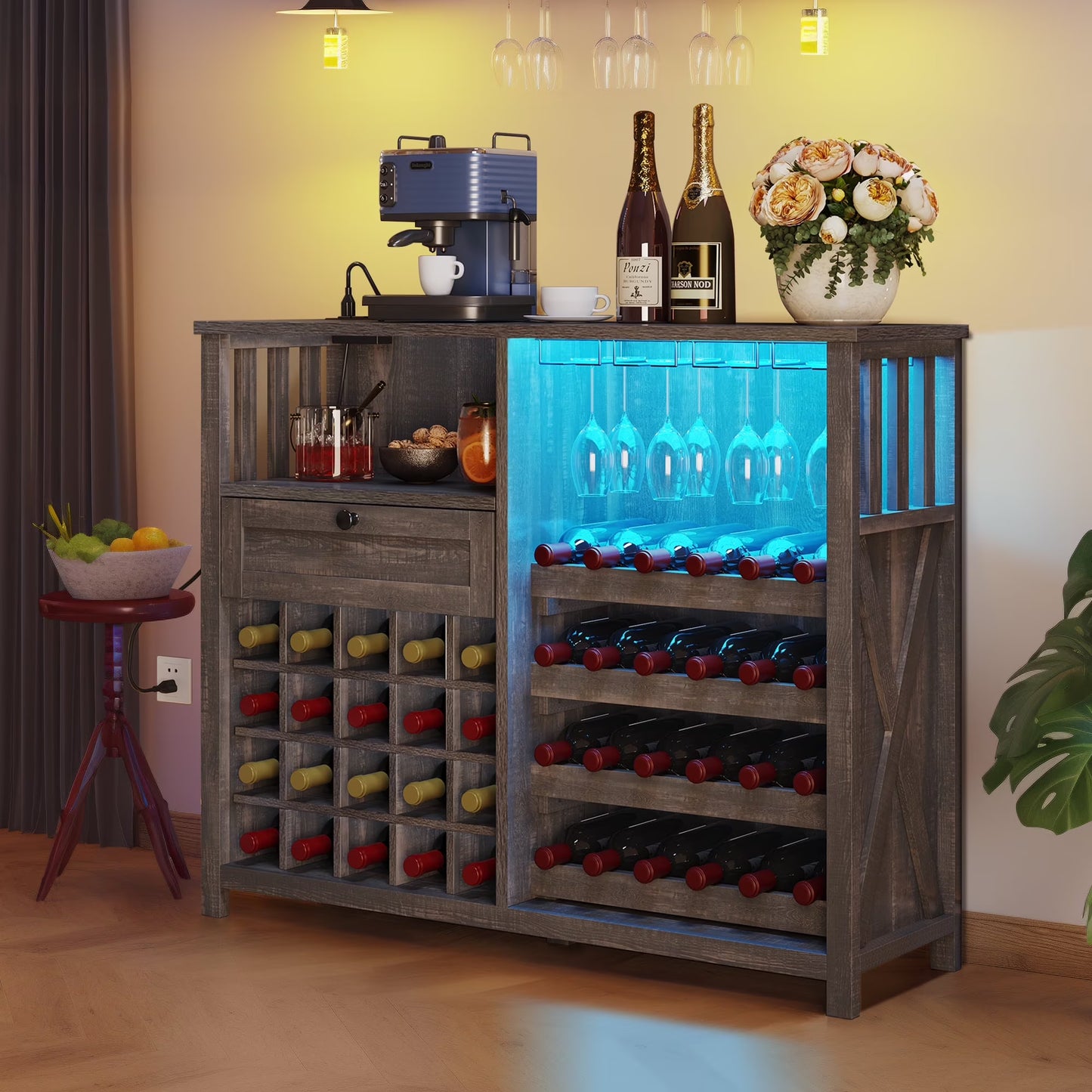 DWVO 47" Wine Bar Cabinet, Wine Cabinet with Charging Station and 16 Adjustable LED Light for Kitchen Living Room, Wine Bar Stand for Liquor and Glasses, Rustic Brown