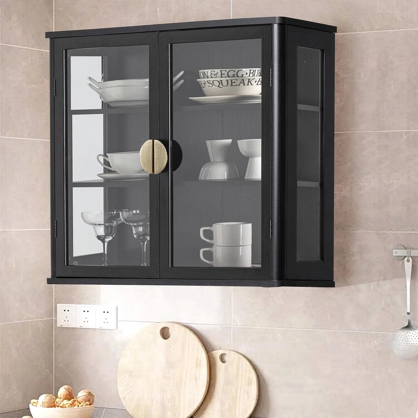 POLIHOME Display Wall Cabinet with Tempered Glass DoorsStorage Cabinet with Adjustable Shelves