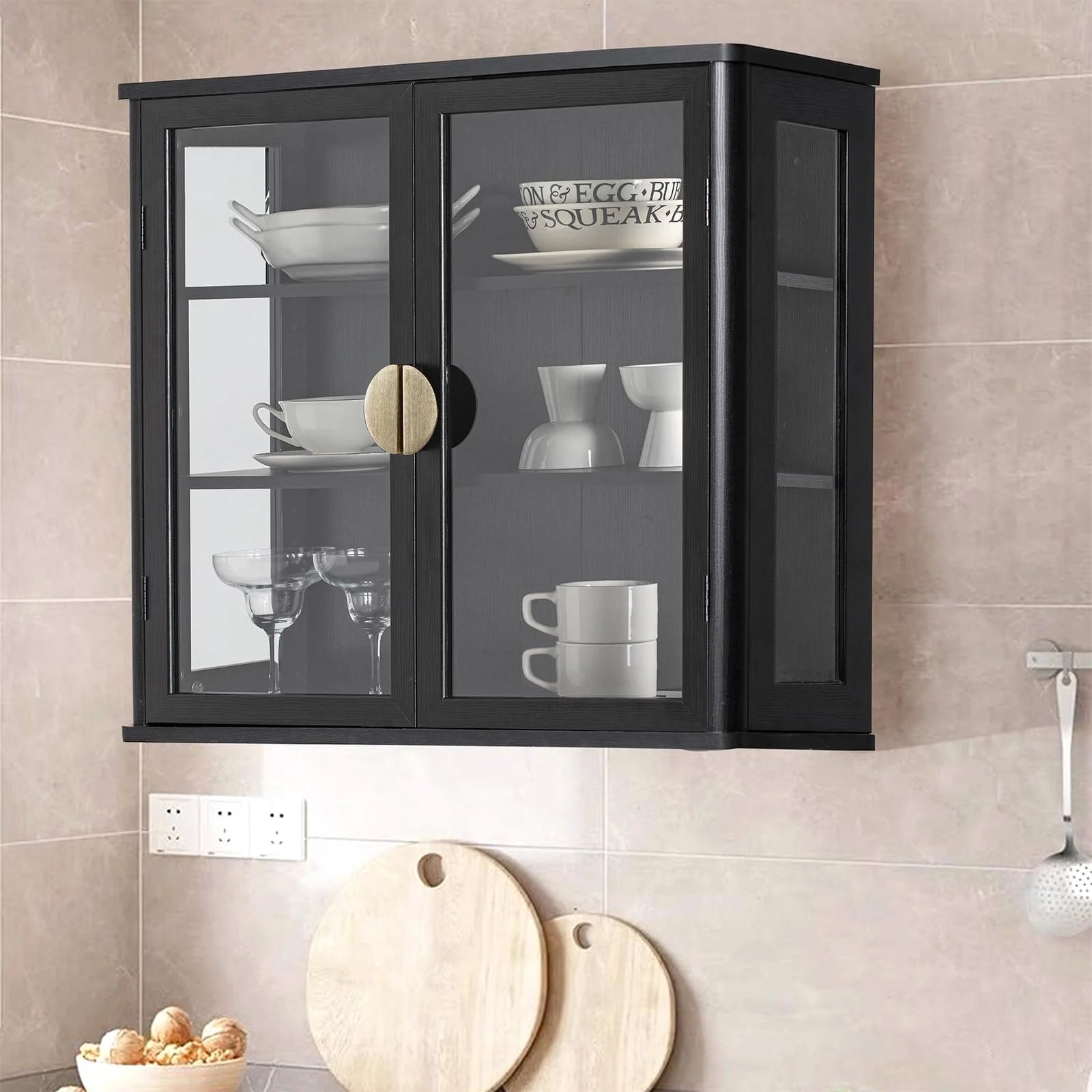 POLIHOME Display Wall Cabinet with Tempered Glass DoorsStorage Cabinet with Adjustable Shelves
