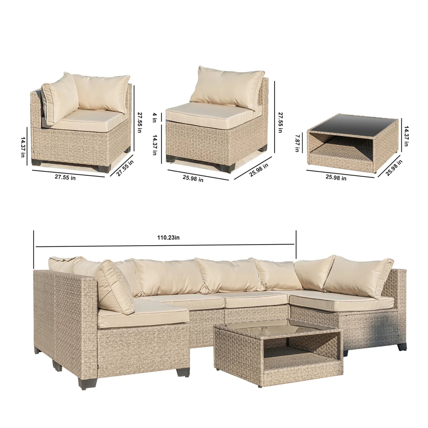 12-Piece Outdoor Wicker Patio Sectional Sofa Set with Cushions and Glass Coffee Table, Modular Design