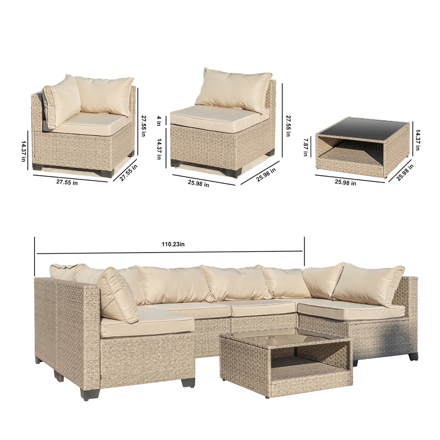 12-Piece Outdoor Wicker Patio Sectional Sofa Set with Cushions and Glass Coffee Table, Modular Design