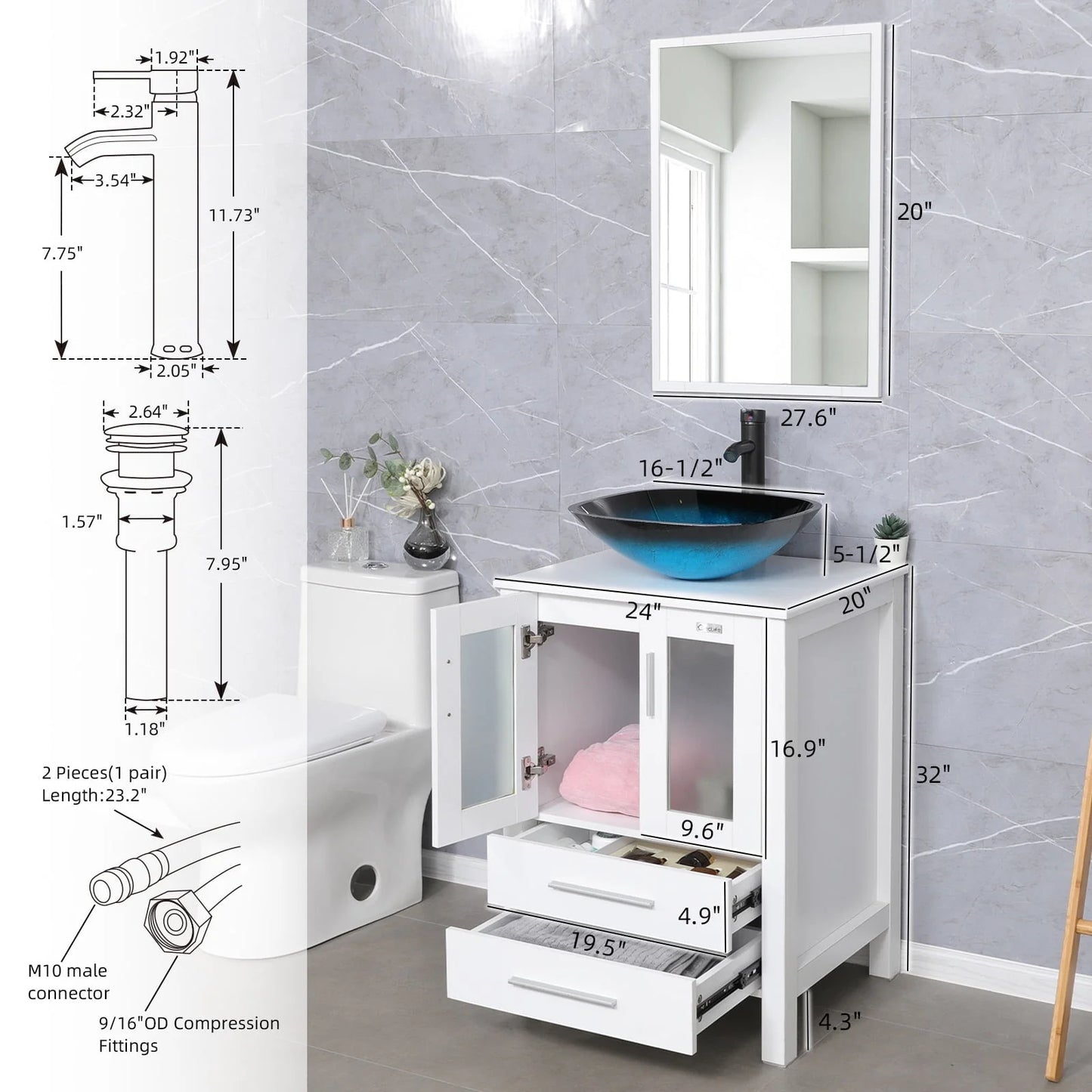 Eclife 24"W x 20"D x 32"H Classical Bathroom Vanity Vessel Sink Set with Faucet, Mirror White Vanity and Ocean Blue Square Glass Sink Pop up Drain Combo
