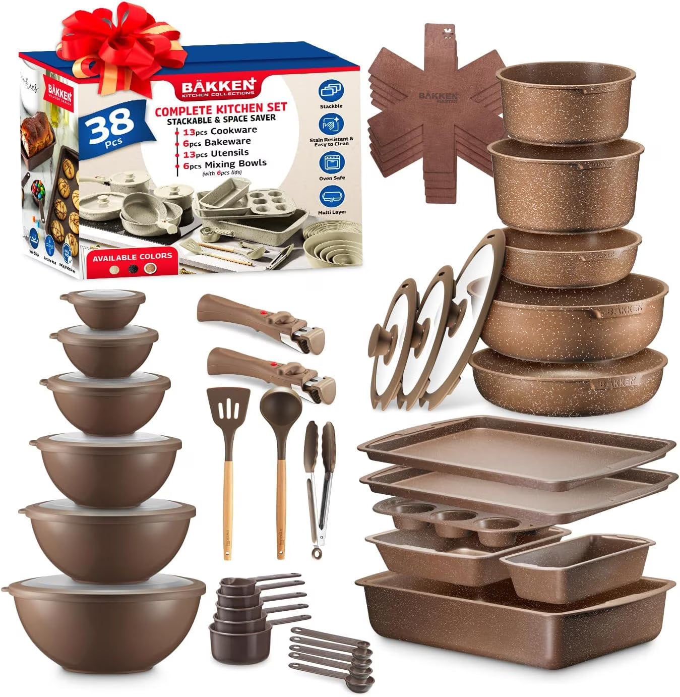 Bakken Master 38 Piece Granite Cookware and Bakeware Set - Nonstick Granite Coating, Pots and Pans with Detachable Handles and Tempered Glass Lids, 6-piece Bakeware set, 12-piece Mixing Bowls,Brown