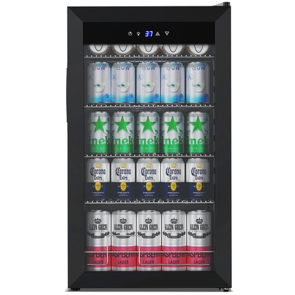 Nipus 17.52 inch Beverage Refrigerator Cooler,120 Cans Capacity with Glass Door for Soda Wine Beer, with Adjustable Removable Shelves, Black