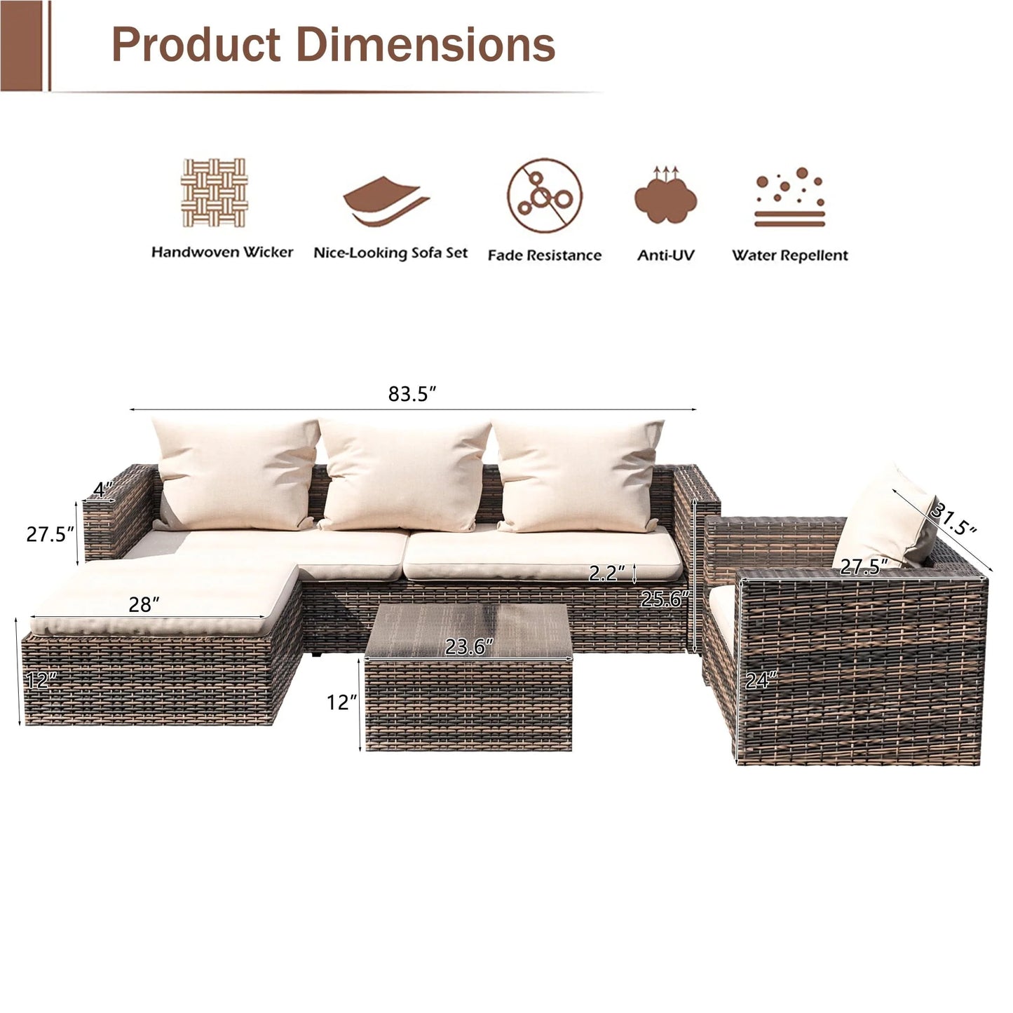 Rattan Patio Sofa Set, 4 Pieces Outdoor Sectional Furniture Set, All-Weather PE Rattan Wicker Patio Conversation Set, Cushioned Sofa Set with Glass Table & Pillows for Patio Garden Poolside Deck, B626