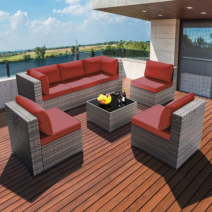 Grezone 7 Pieces Sectional Outdoor Furniture Sofa & Black-Glass Coffee Table