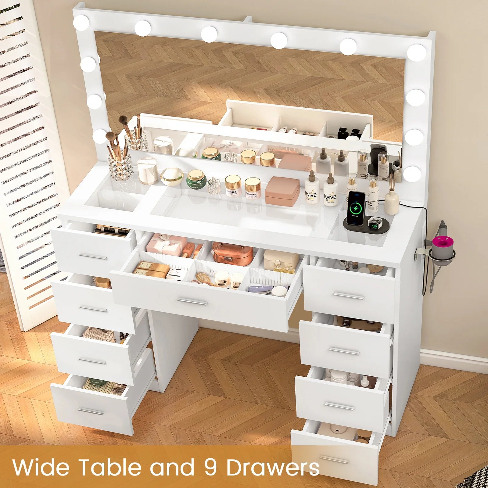 TEENFON 46" Vanity Desk with Large Lighted Mirror and Power Outlet, Makeup Vanity with 9 Drawers and Glass Desktop, Vanity Table for Bedroom, White