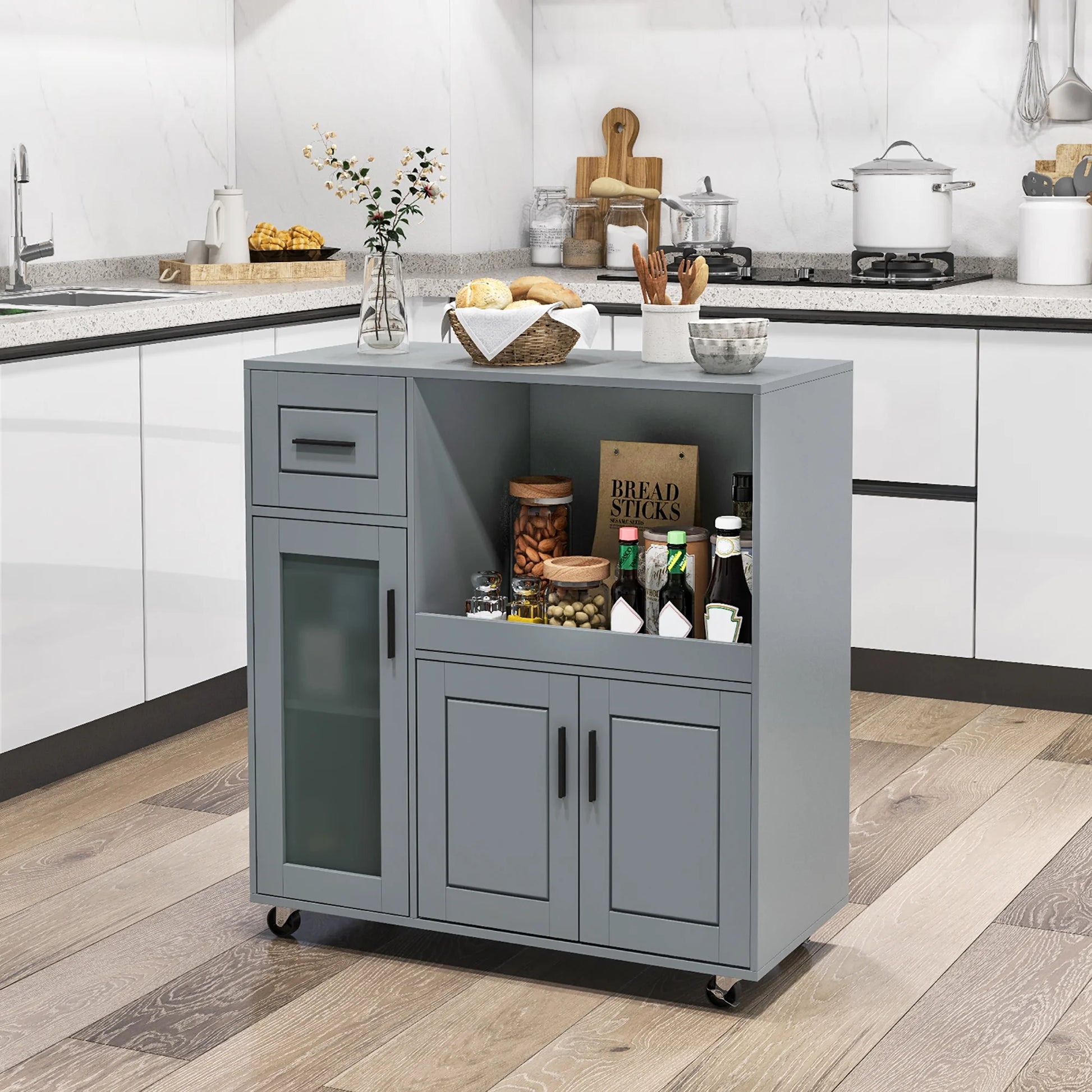 Gymax Kitchen Island Cart on Wheels Microwave Cabinet w/Frosted Tempered Glass Door